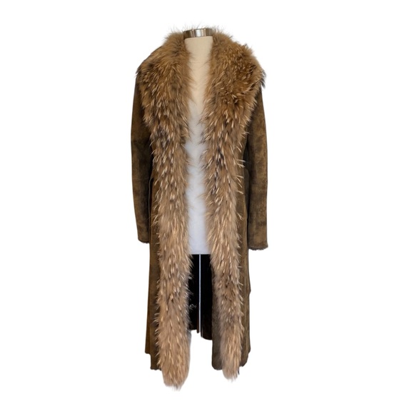 VTG Suede Penny Lane Finnraccoon & Shearling Lamb Fur Trench Coat - Picture 2 of 12